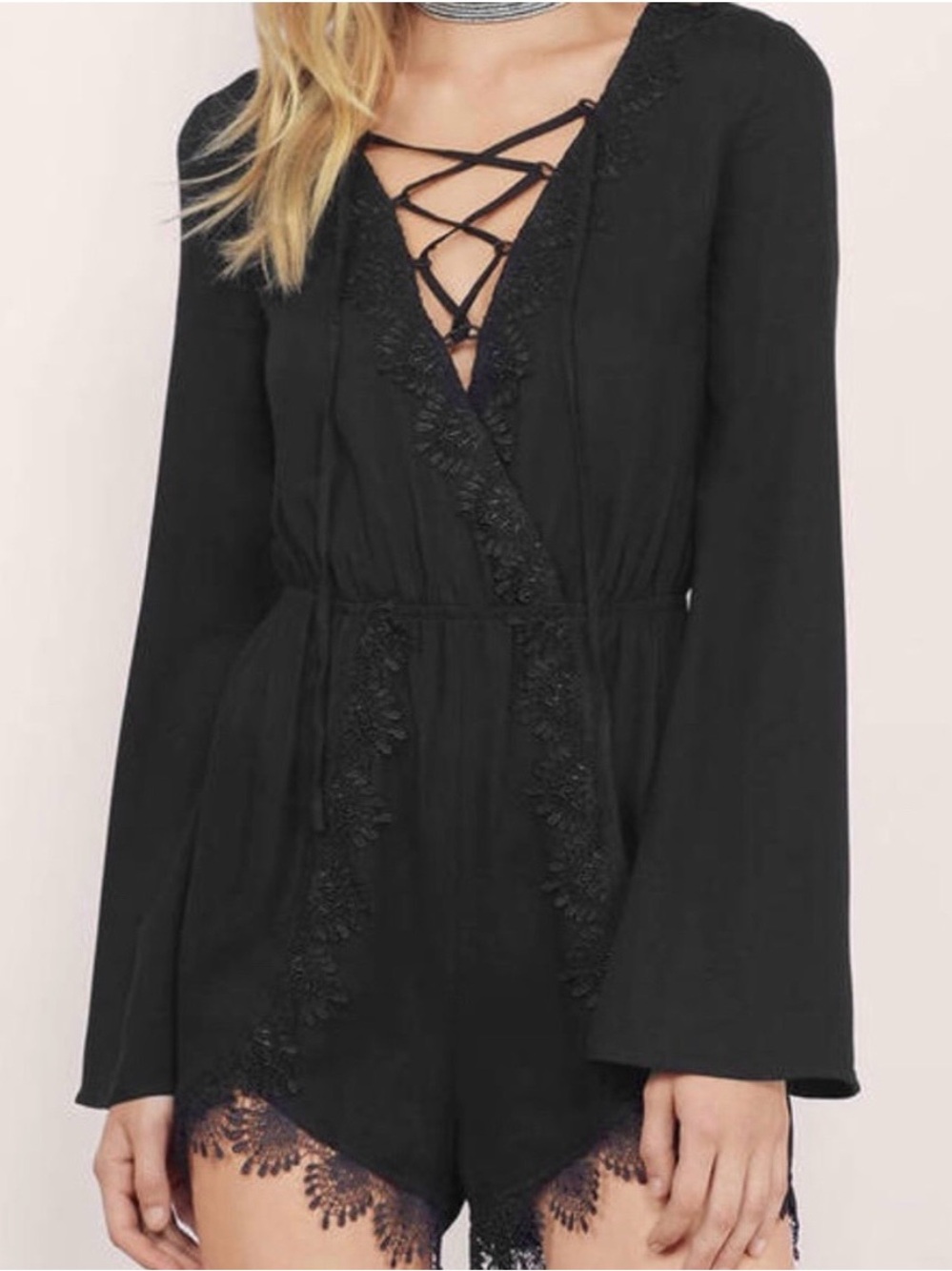 Tobi Black Lace-Trim Lace-Up Romper